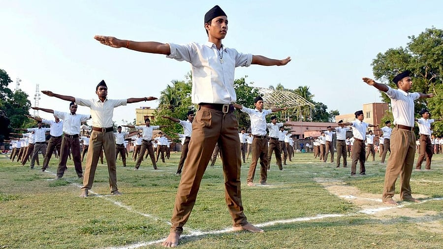 <div class="paragraphs"><p>Volunteers of Rashtriya Swayamsevak Sangha (RSS) take part in a physical drill. (Representative image)&nbsp;</p></div>