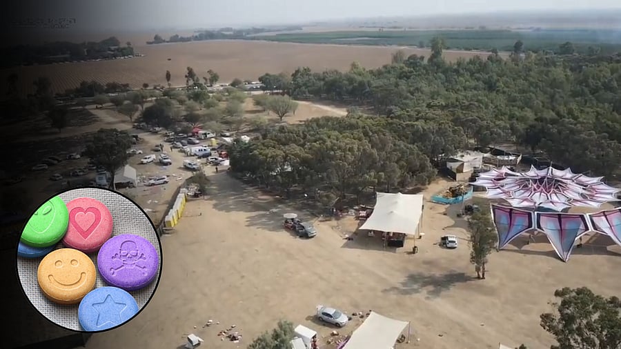 <div class="paragraphs"><p>Collage showing the devastation in the aftermath of the Hamas attack at the Nova festival site on October 7, 2023, and MDMA pills.</p></div>