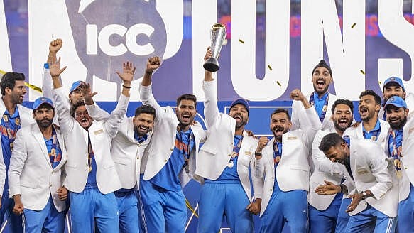 <div class="paragraphs"><p>Indian cricket team celebrate holding the trophy after their win against New Zealand in the ICC Champions Trophy 2025 final</p></div>