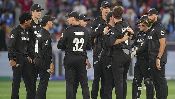 <div class="paragraphs"><p>M Bracewell celebrates with teammates after taking the wicket of India's Virat Kohli</p></div>