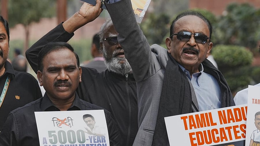 <div class="paragraphs"><p>DMK MP A Raja with MDMK chief Vaiko during a protest against the BJP-led central government during the Budget session of Parliament, in New Delhi, Tuesday, March 11, 2025.</p></div>