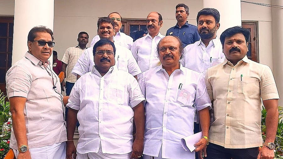 <div class="paragraphs"><p>DMK floor leader R Siva and other leaders outside Assembly. </p></div>
