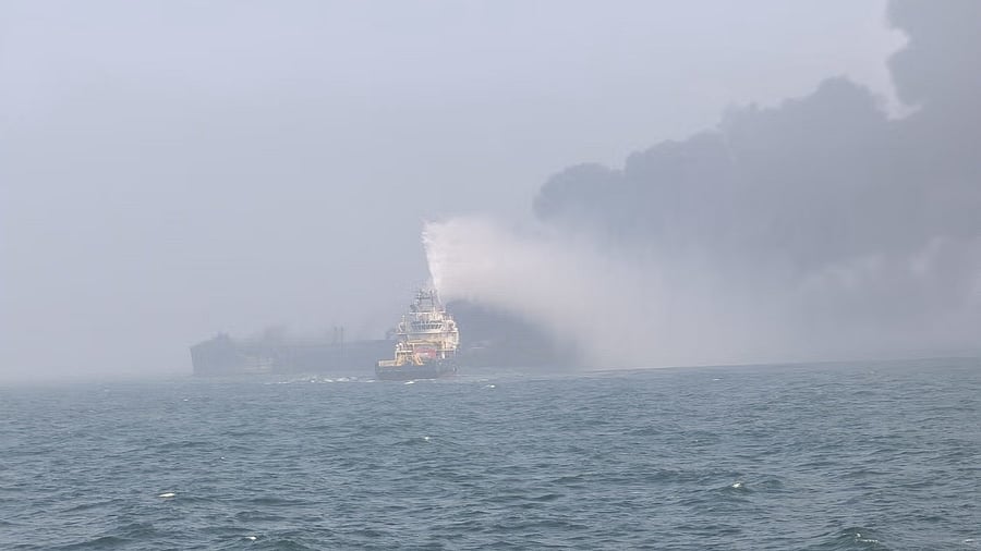 <div class="paragraphs"><p>Fire and rescue service crews respond to a collision between oil tanker and a cargo ship off the northeastern coast of England in this picture obtained by Reuters on March 10, 2025. </p></div>