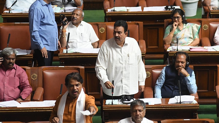 Leader of the Opposition R Ashoka makes a point during a discussion in the Legislative Assembly on Tuesday.