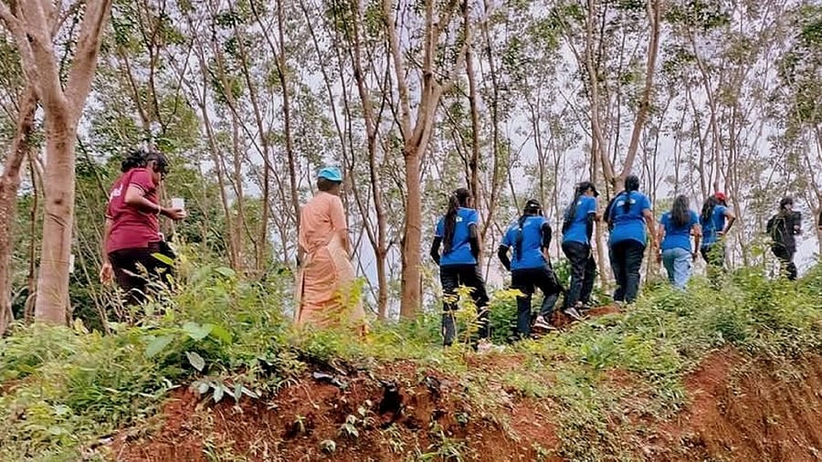 A session in Kanthavara forest; students and teachers on a nature walk.