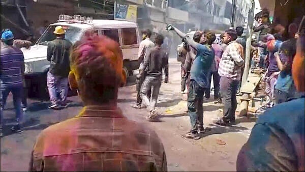 <div class="paragraphs"><p>Security personnel patrol to maintain law and order after some children allegedly threw stones at 'Laat Sahab' procession, in Shahjahanpur, Uttar Pradesh, Friday, March 14, 2025. </p></div>