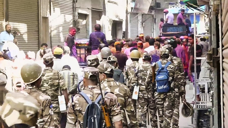 <div class="paragraphs"><p>Sambhal: People participate in a Holi procession amid tight security arrangements, in Sambhal.</p></div>