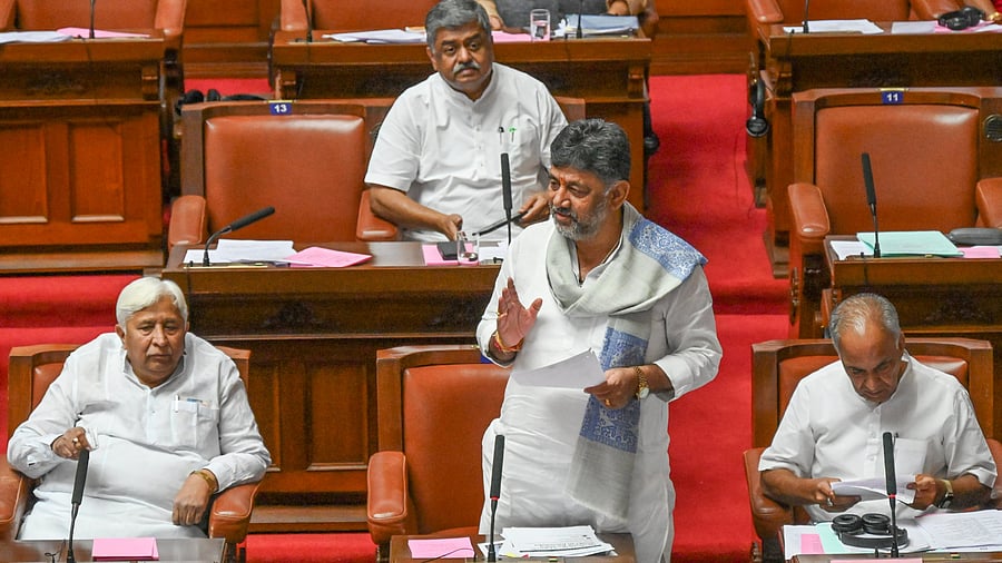 <div class="paragraphs"><p>Deputy Chief Minister D K Shivakumar makes a point in the Legislative Council at Vidhana Soudha in Bengaluru on Friday. DH PHOTO/S K DINESH</p></div>
