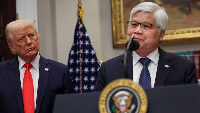 <div class="paragraphs"><p>US President Donald Trump listens to CC Wei, Chairman and CEO of TSMC, as they make an announcement about an investment from Taiwan Semiconductor Manufacturing Company (TSMC) in Washington, DC on March 3, 2025.</p></div>