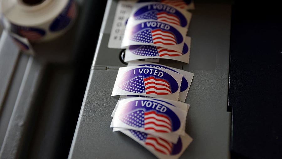 <div class="paragraphs"><p> 'I voted' stickers at a polling station during the 2024 US presidential election on Election Day.</p></div>