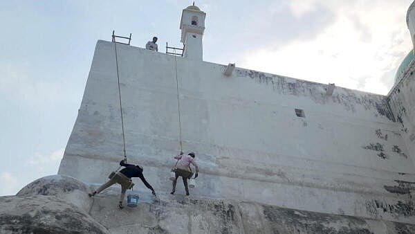 <div class="paragraphs"><p>Laborers whitewash the outer wall of the Shahi Jama Masjid following an Allahabad High Court directive to the Archaeological Survey of India (ASI) to complete the task, in Sambhal, Uttar Pradesh, on Sunday.</p></div>