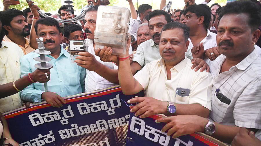 <div class="paragraphs"><p>Members of the Karnataka State Licensed Electrical Contractors Association staged a protest with meters and placards at Freedom Park on Tuesday. </p></div>