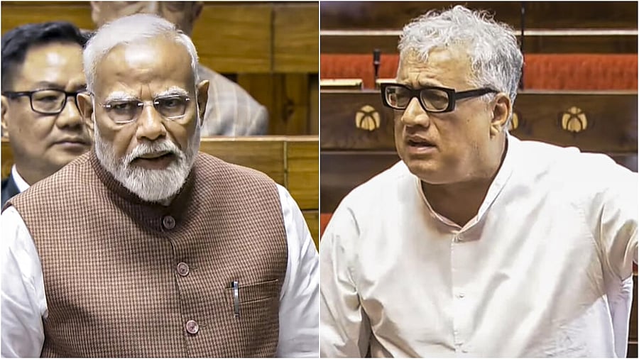 <div class="paragraphs"><p>Prime Minister Narendra Modi speaks in the Lok Sabha(L), TMC MP Derek O'Brien. </p></div>