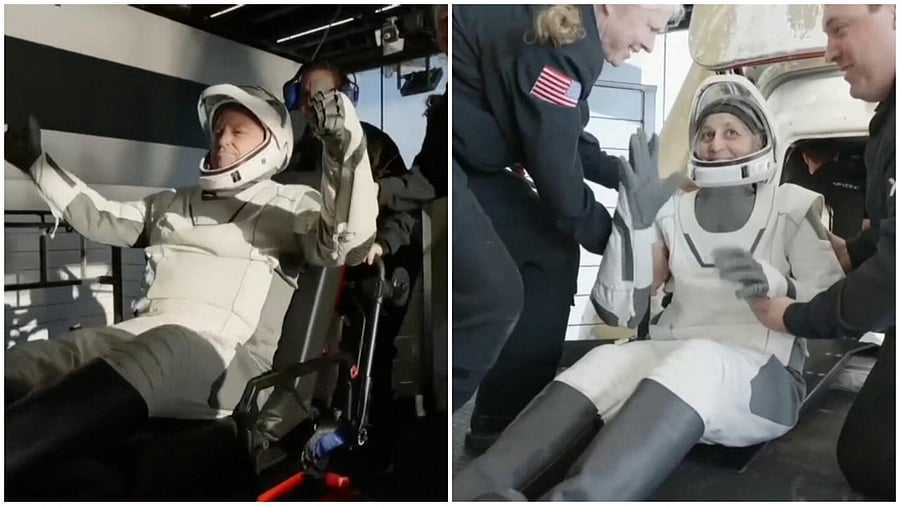 <div class="paragraphs"><p>Butch Wilmore (L) and Sunita Williams react after he and Suni Williams and two other astronauts splashed down in a Crew Dragon space capsule following their return to earth from the International Space Station off the coast of Florida, U.S March 18, 2025.</p></div>