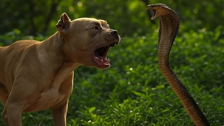 <div class="paragraphs"><p>A Pitbull is seen fighting a king cobra in this AI-generated image.</p></div>