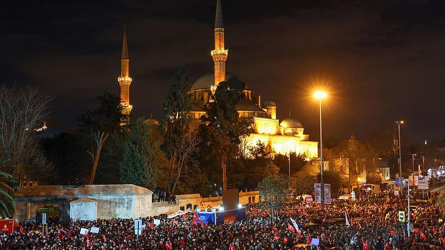 <div class="paragraphs"><p>Supporters of Istanbul Mayor Ekrem Imamoglu gather outside the Istanbul Metropolitan Municipality building to protest the detention of Imamoglu, in Istanbul</p><p></p></div>