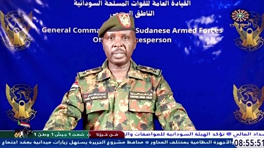 <div class="paragraphs"><p>A Sudanese army spokesperson gives a statement on Sudan TV, after, according to the Sudanese army, they took control of the presidential palace, at an unknown location, March 21, 2025 in this screengrab taken from a video. </p></div>