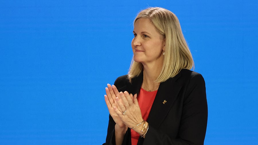 <div class="paragraphs"><p>The new IOC president Kirsty Coventry applauds during the press conference, March 21, 2025.</p></div>