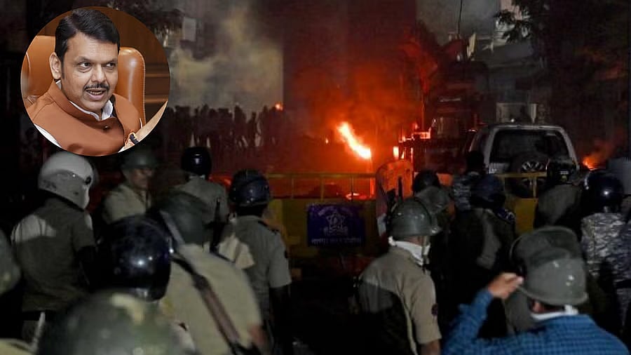 <div class="paragraphs"><p>Scenes showing violence in Nagpur and an inset image showing Fadnavis</p></div>