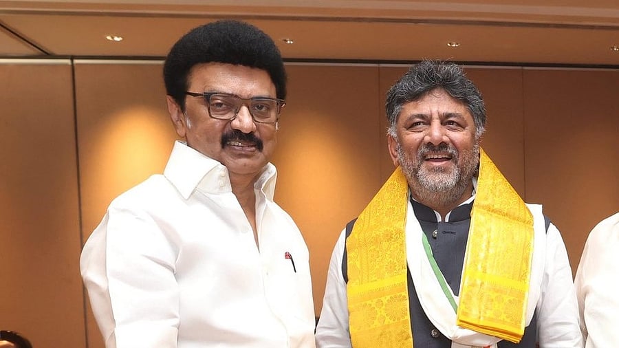 <div class="paragraphs"><p>Tamil Nadu CM M K Stalin (L) and Karnataka Deputy CM D K Shivakumar at JAC meet on Saturday.&nbsp;</p></div>