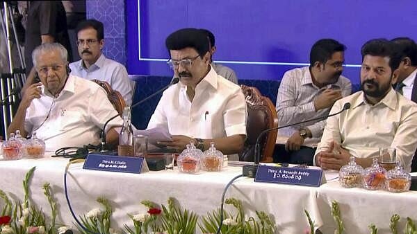<div class="paragraphs"><p>Chief Minister MK Stalin addresses the joint action committee meeting on the issue of Lok Sabha constituency delimitation, in Chennai. Kerala CM Pinarayi Vijayan and Telangana CM Revanth Reddy are also seen.</p></div>