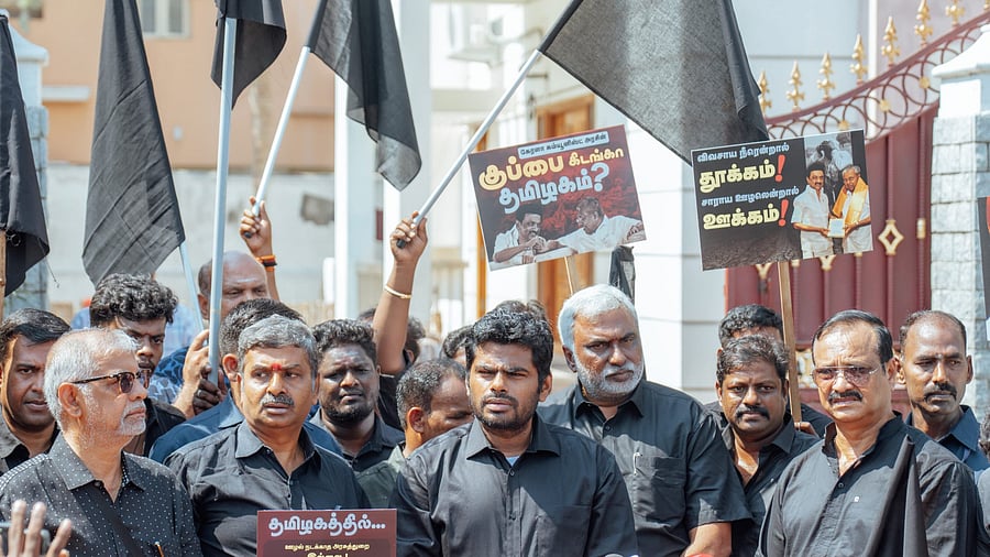 <div class="paragraphs"><p>Tamil Nadu BJP president K Annamalai leads a protest against the delimitation meeting convened by Chief Minister MK Stalin, in Chennai, on Saturday. </p></div>