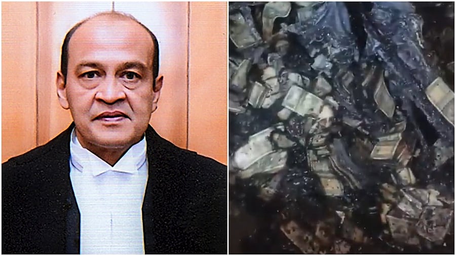 <div class="paragraphs"><p>Justice Yashwant Varma; Photo of cash allegedly discovered at a storeroom at Justice Varma's house.</p></div>