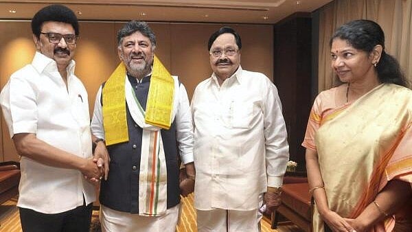 <div class="paragraphs"><p>(From left) Tamil Nadu Chief Minister MK Stalin, Karnataka Deputy CM DK Shivakumar and DMK leaders Durai Murugan and Kanimozhi Karunanidhi during the first Joint Action Committee (JAC) meeting of states over the proposed delimitation of Parliamentary seats by the Centre, in Chennai.</p></div>