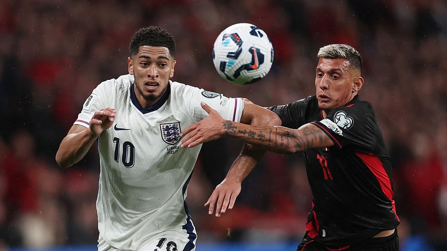 <div class="paragraphs"><p>England's Jude Bellingham in action against Albania's Myrto Uzuni, March 22, 2025.</p></div>