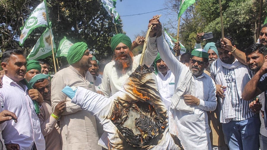 <div class="paragraphs"><p>Bharatiya Kisan Union (BKU) members burn an effigy during a protest against the recent police action on protesting farmers at Punjab borders, in Meerut, Friday, March 21, 2025.</p></div>