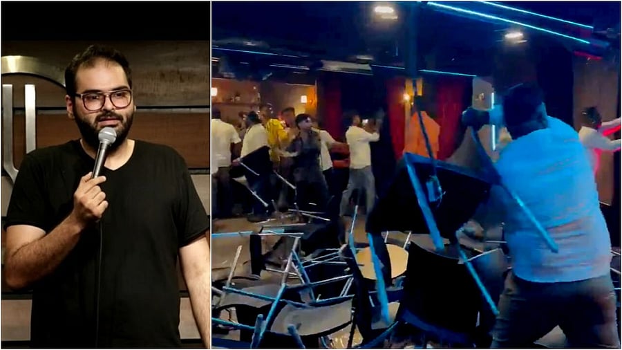 <div class="paragraphs"><p>File photo of Kunal Kamra,(L) and Shinde's party workers ransack the Habitat Club premises. </p></div>