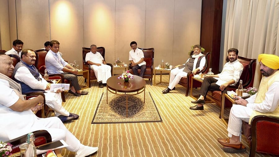 <div class="paragraphs"><p>JAC meeting against delimitation. Congress' Revanth Reddy and BRS' K T Rama Rao can been seen</p></div>