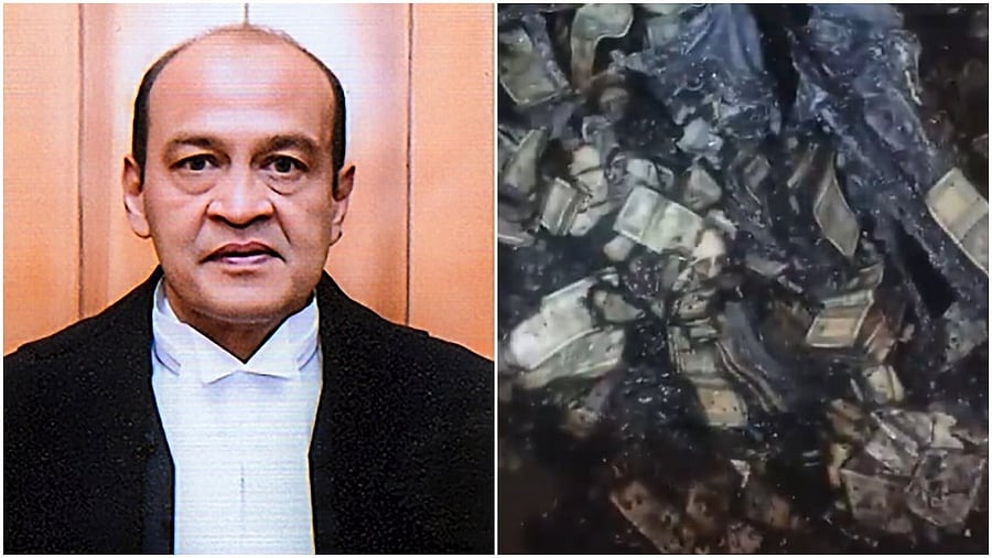 <div class="paragraphs"><p>Justice Yashwant Varma; Photo of cash&nbsp;allegedly discovered&nbsp;at&nbsp;a storeroom&nbsp;at&nbsp;Justice&nbsp;Varma's&nbsp;house.</p></div>