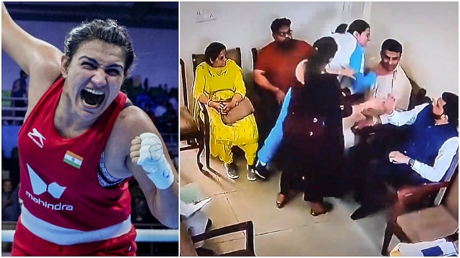 <div class="paragraphs"><p>Boxer Saweety Boora celebrates her win; Saweety Boora with her husband Deepak Hooda at Hisar police station</p></div>