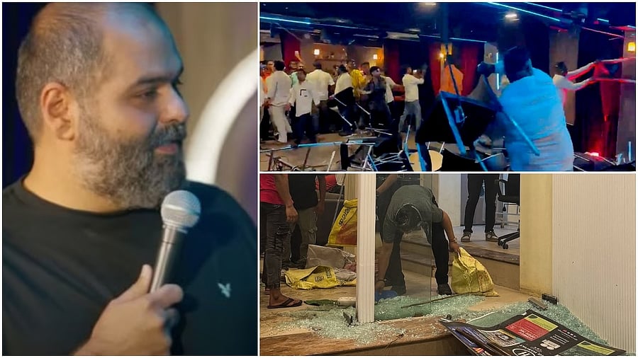 <div class="paragraphs"><p>(Clockwise) Kunal Kamra during the show; Shiv Sena (Shinde) workers vandalise the venue in Khar area in Mumbai on Sunday</p></div>