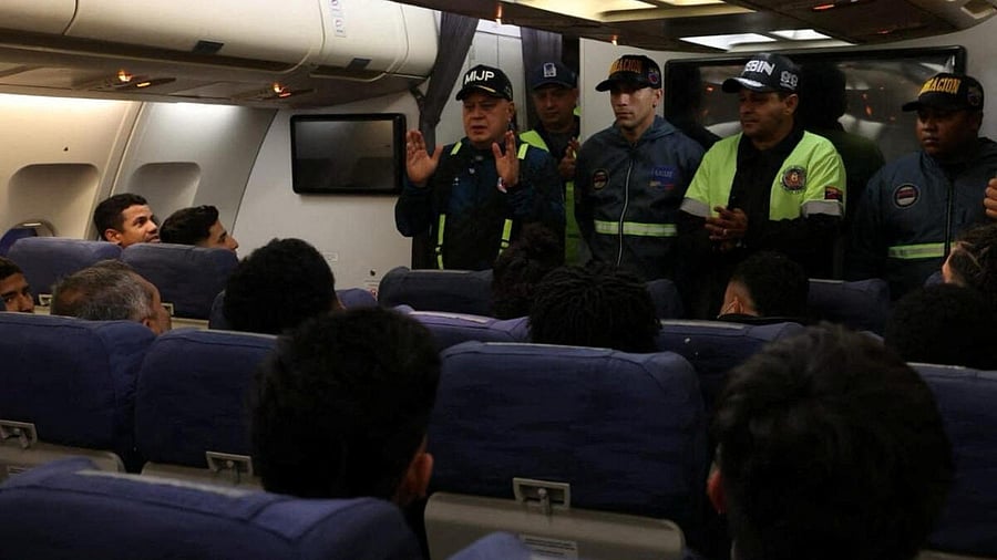 <div class="paragraphs"><p>Venezuelan migrants arrive on a flight after being deported from the United States</p></div>