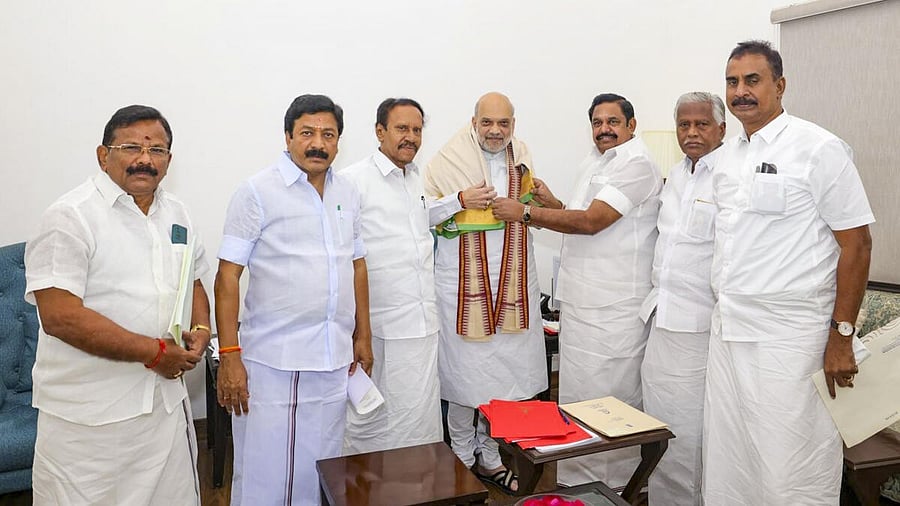 <div class="paragraphs"><p>Edappadi K&nbsp;Palaniswami with Amit Shah and other leaders during a meeting in New Delhi.&nbsp;</p></div>