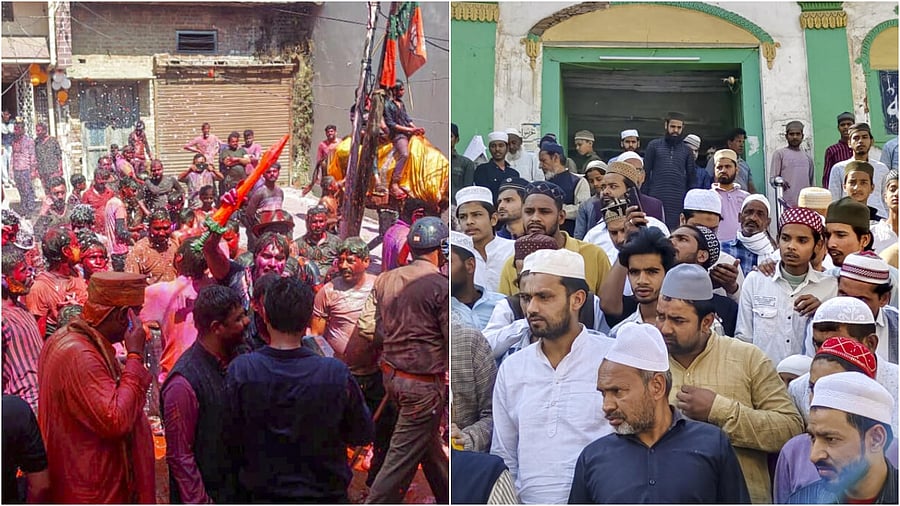 <div class="paragraphs"><p>Holi celebrations in Sambhal (L), Muslim devotees leave after offering 'namaz' at the Shahi Jama Masjid during the holy month of Ramzan. </p></div>