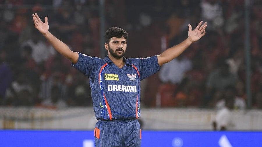 <div class="paragraphs"><p>Lucknow Super Giants’ Shardul Thakur celebrates celebrates the wicket of Sunrisers Hyderabad’s Ishan Kishan during an Indian Premier League (IPL) 2025 T20 cricket match between Sunrisers Hyderabad and Lucknow Super Giants, at Rajiv Gandhi International Cricket Stadium, Uppal, in Hyderabad</p></div>