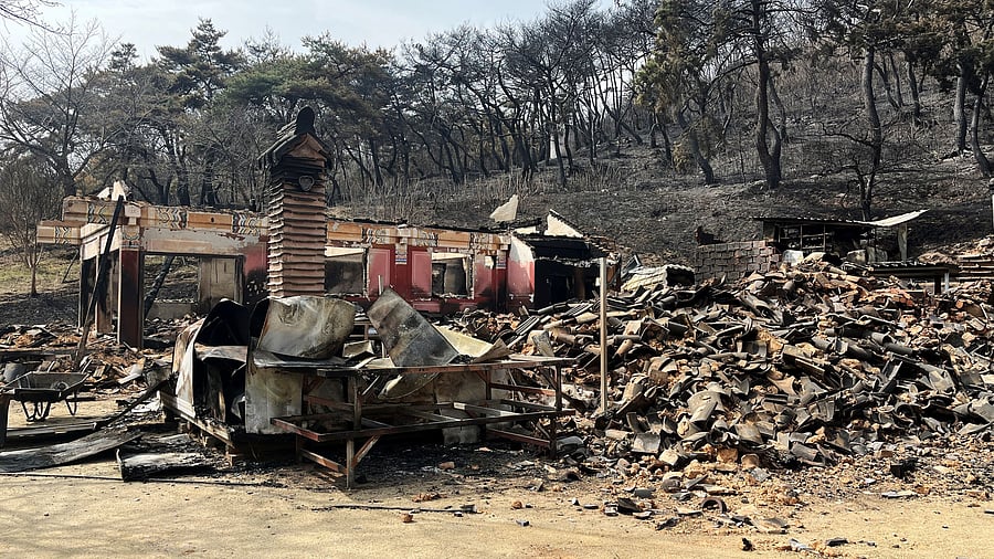 Burnt Unramsa temple is pictured after a wildfire devastated the area in Uiseong, South Korea, March 25, 2025. REUTERS/Minwoo Park