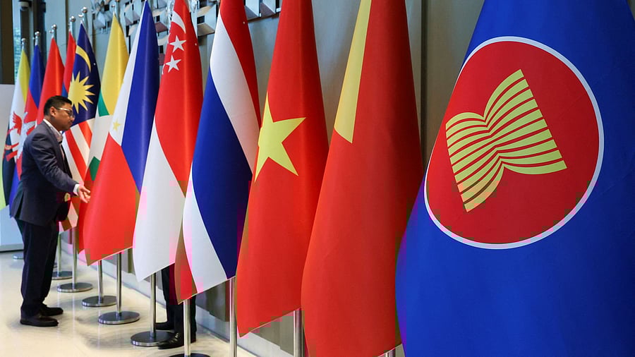 <div class="paragraphs"><p>The ASEAN flag is placed alongside the flags of its member countries </p></div>