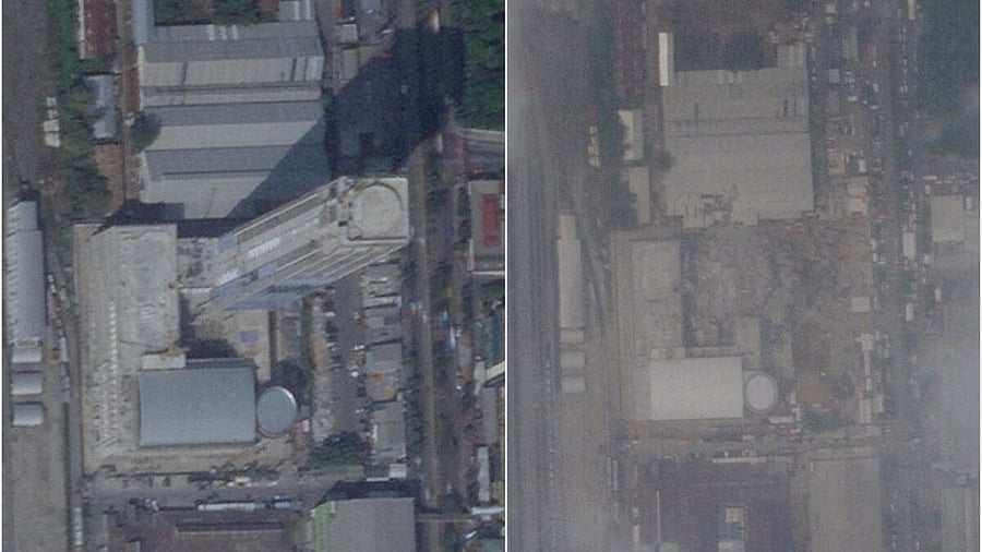 <div class="paragraphs"><p>A combination picture of satellite images of the tower in Bangkok, Thailand taken on December 25, 2024 and after it collapsed during an earthquake on March 28 this year</p></div>