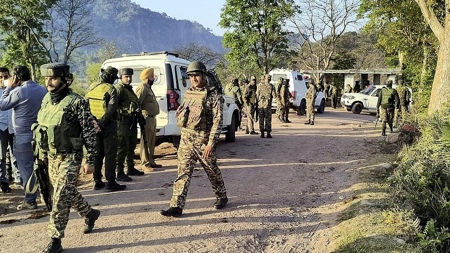 <div class="paragraphs"><p>Security personnel deployed after a fresh encounter with terrorists, in the Panjtirthi Jathana area of Kathua district</p></div>