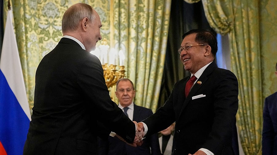 <div class="paragraphs"><p>Russia's President Vladimir Putin with Myanmar's military chief Senior General Min Aung Hlaing during their meeting in Moscow, Russia, March 4, 2025. </p></div>