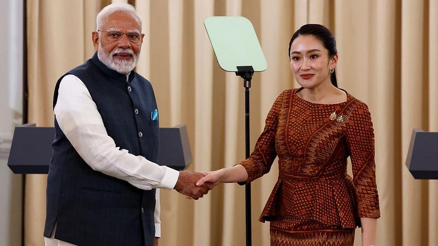 <div class="paragraphs"><p>Prime Minister Narendra Modi and Thailand's Prime Minister Paetongtarn Shinawatra shake hands at the Government House, in Bangkok, Thailand, April 3, 2025.</p></div>