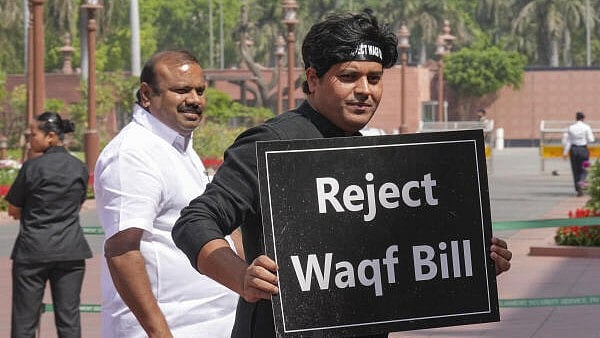 <div class="paragraphs"><p>Congress MP Imran Pratapgarhi protests against the Waqf Bill during the Budget session of Parliament, in New Delhi, Wednesday, April 2, 2025.</p></div>