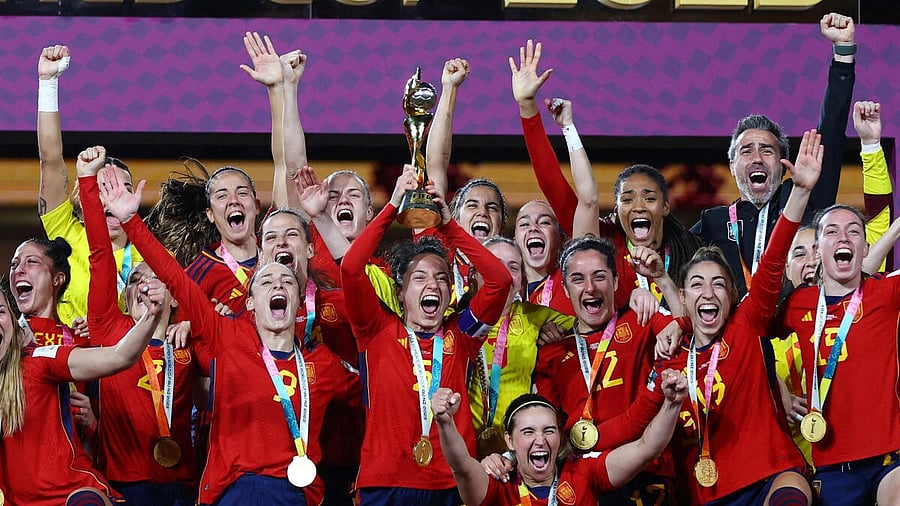 <div class="paragraphs"><p>Spain players celebrate with the trophy after winning the world cup, file photo.</p></div>