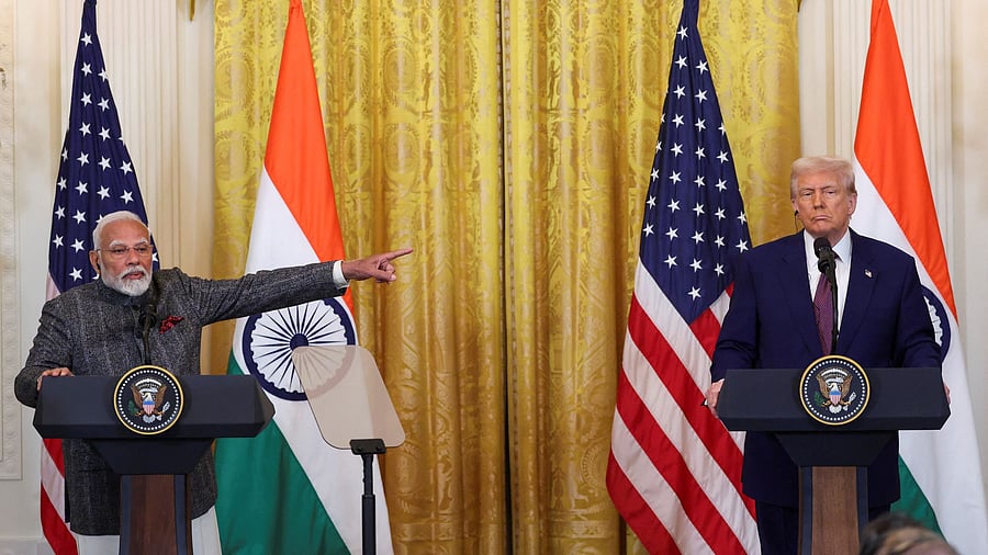 <div class="paragraphs"><p>Prime Minister Narendra Modi gestures during a joint press conference with US President Donald Trump</p></div>