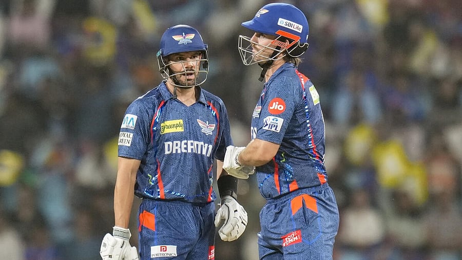 <div class="paragraphs"><p>Lucknow Super Giants' Mitchell Marsh (right) and Aiden Markram during during their 76-run opening partnership against Mumbai Indians during their IPL tie in in Lucknow.&nbsp;</p></div>