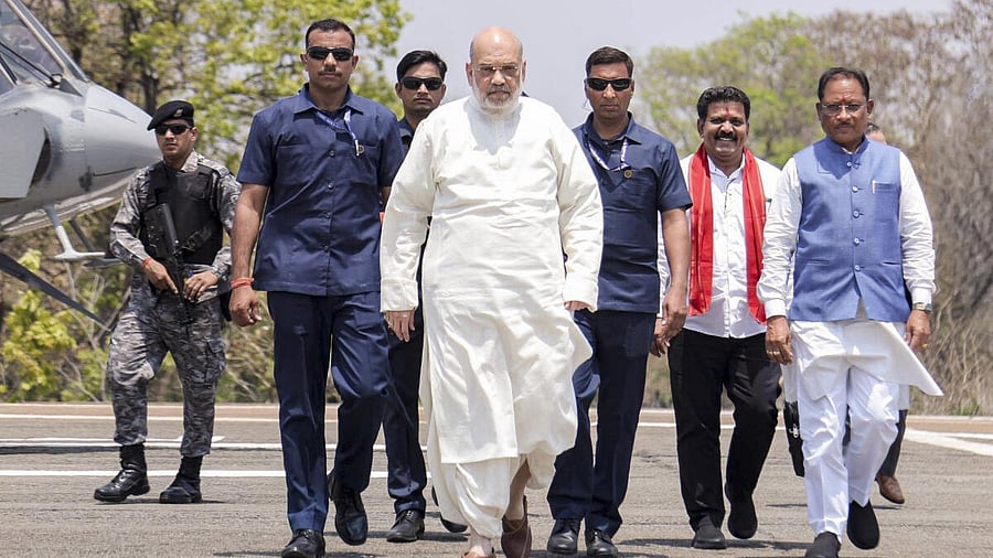 <div class="paragraphs"><p>Union Home Minister Amit Shah, Chhattisgarh Chief Minister Vishnu Deo Sai and Deputy Chief Minister Vijay Sharma upon their arrival in Dantewada district.</p></div>